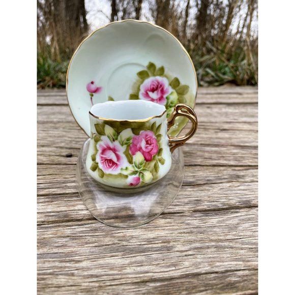 Vintage Lefton Heritage Rose Hand Painted Green Demitasse Cup Saucer - Picture 11 of 11